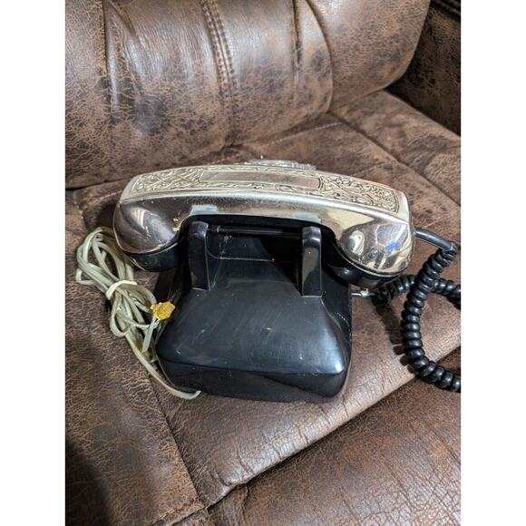 Vintage Black Rotary Dial Desk Telephone w/ Ornate Silver Receiver Phone RARE! - Picture 3 of 6